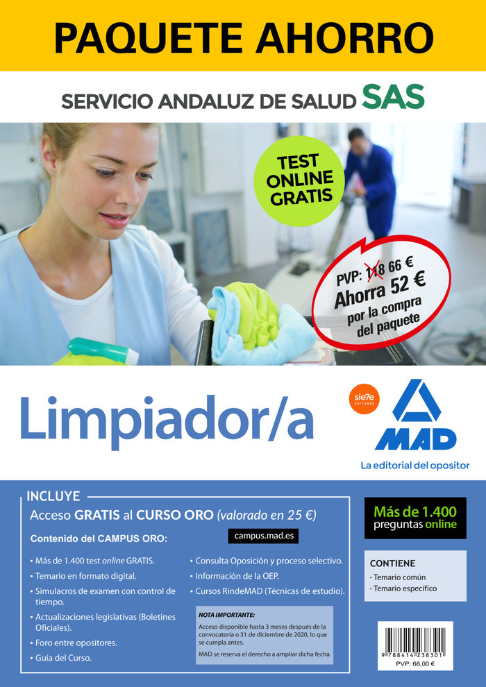 Paquete ahorro y test online gratis limpiador/a del servicio andaluz de salud. a