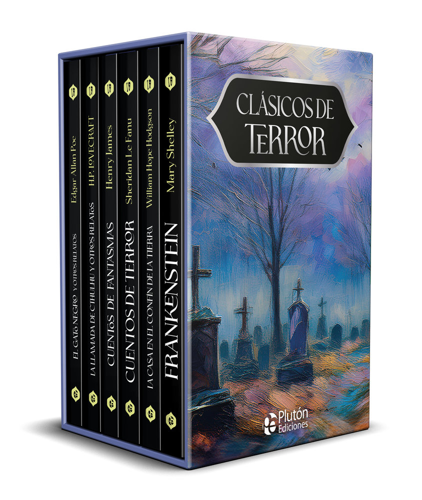 Pack: Clásicos de Terror - 15 Este pack contiene una selección de Plutón Ediciones, con lo mejor de la literatura clásica de terror, y una gran variedad temática y estilística. Todos los títulos están en formato de bolsillo de nuestra colección Misterio, con tinta metalizada en las cubiertas. Las obras incluidas son: "Frankenstein" de Mary Shelley, "Cuentos de Terror" de Sheridan Le Fanu, "La casa en el confín de la Tierra" de William Hope Hodgson, "El Gato negro y otros relatos" de Edgar Allan Poe, "Cuentos de Fantasmas" de Henry James y "La llamada de Cthulhu y otros relatos" de H.P. Lovecraft.
