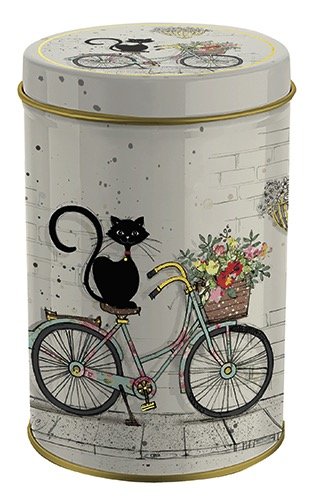 Lata metal redonda diseÑo bug art gato bici