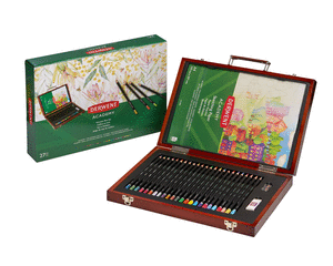 Caja derwent de madera con 24 lapices de colores y borrador