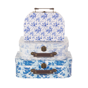 Set de 3 maletas vintage azul celeste y blancas floroales
