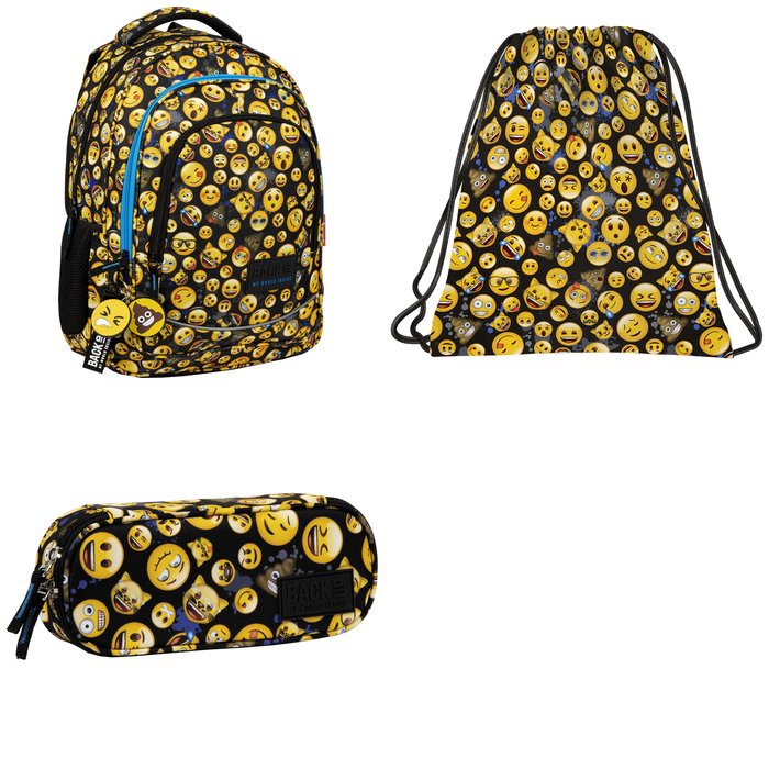 Set diseÑo escolar emoji mochila + saco + portatodo