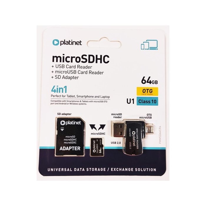 Platinet 4-en-1 microsd 64gb+lector microusb otg+adaptador