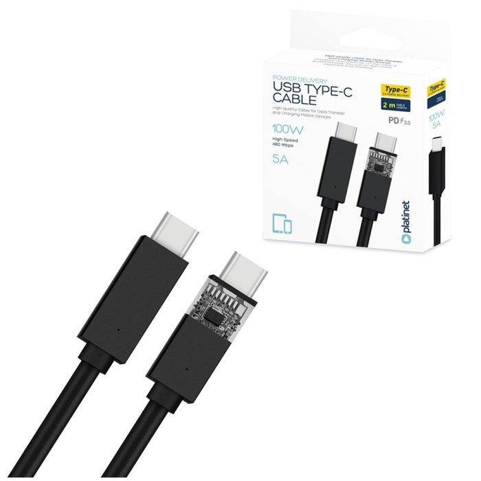 Cable tipo-c a tipo-c 100w 5a 480mbps 2m negro platinet