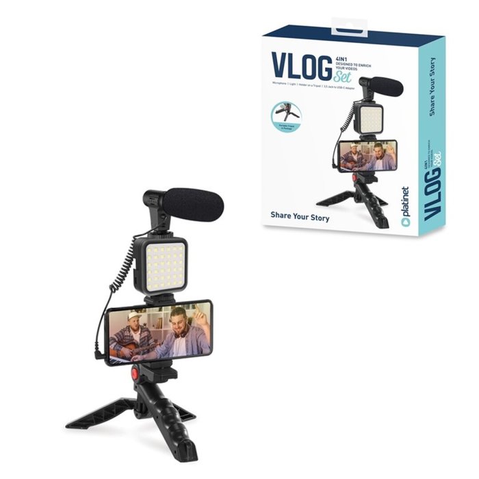 Kit video blogger 4 en 1 mic luz led soporte tripode
