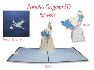 Postal 3d origami cigueÑa azul