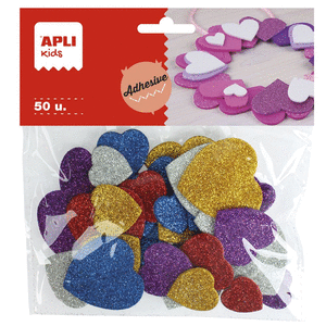 Corazones purpurina adhesivos goma eva 50 unidades