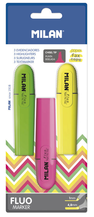 Blister 3 marcadores fluorescentes punta biselada (verde-ros