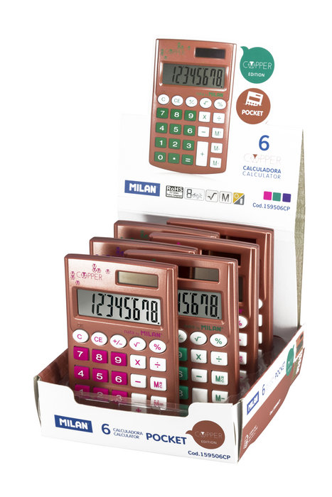 Expositor 6 calculadoras milan pocket copper 8 digitos