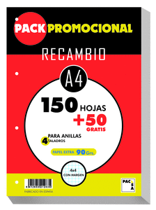 Recambio a4 cuadro 4mm 90gr 150+50h pack promocional