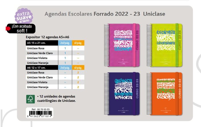 Expositor 12 agendas escolar forradas 22/23 uniclase