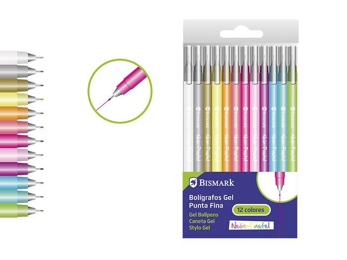 Boligrafos gel punta fina neon y pastel 12 colores